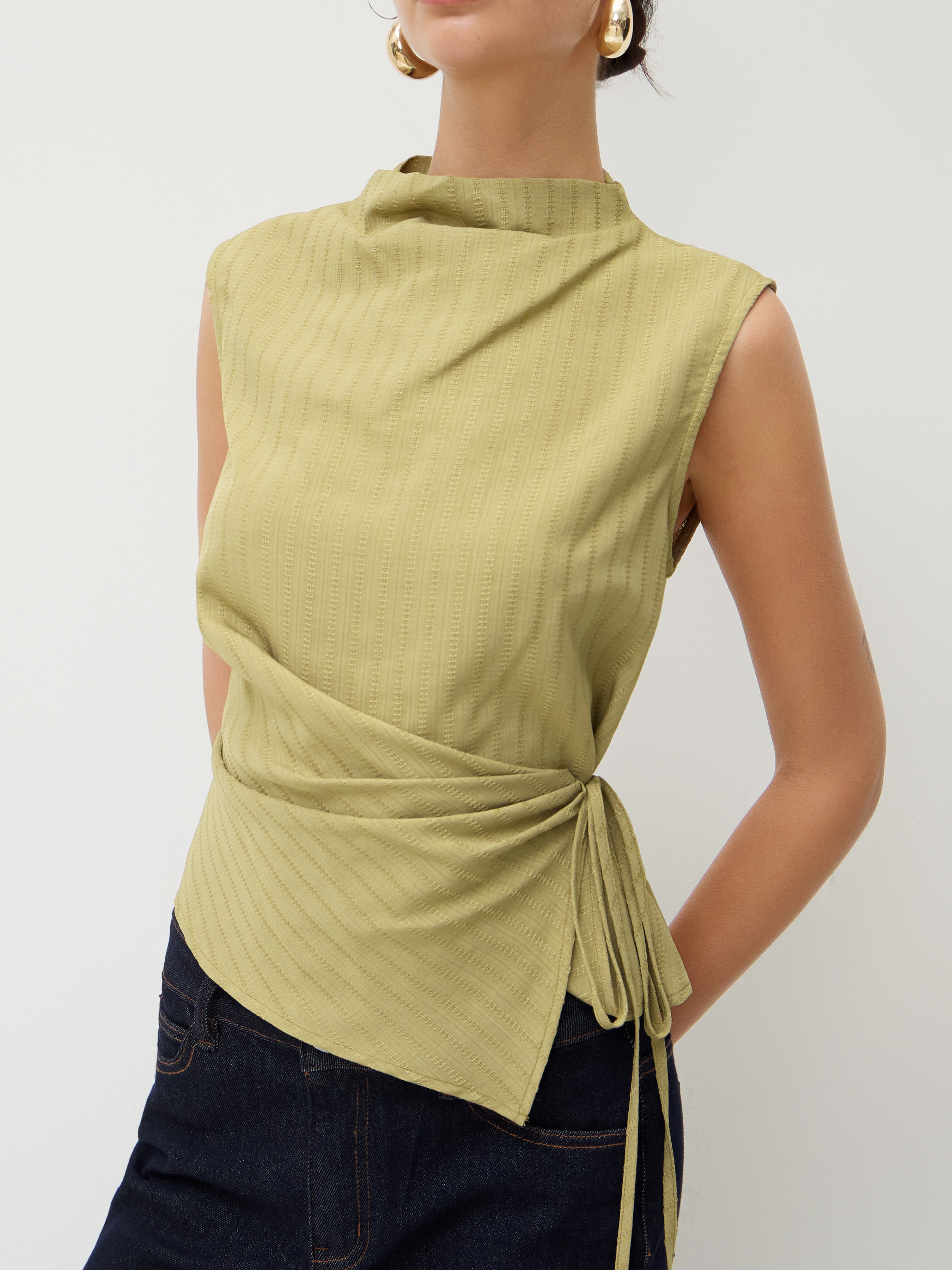 Stand Collar Texture Ruched Knotted Tank Top