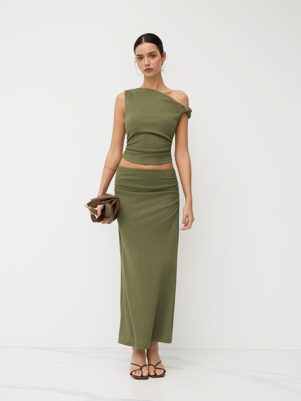 Asymmetrical Neck Texture Crop Tank Top & Mid Rise Ruched Mermaid Maxi Skirt Set