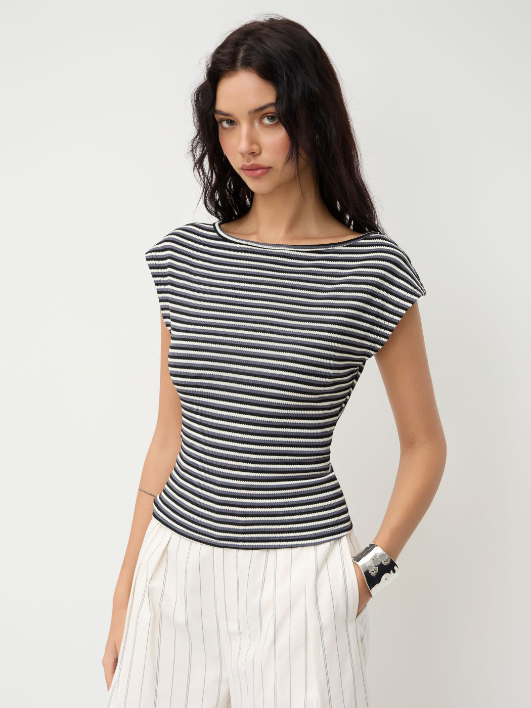 Boat Neck Stripe Twist Backless Top