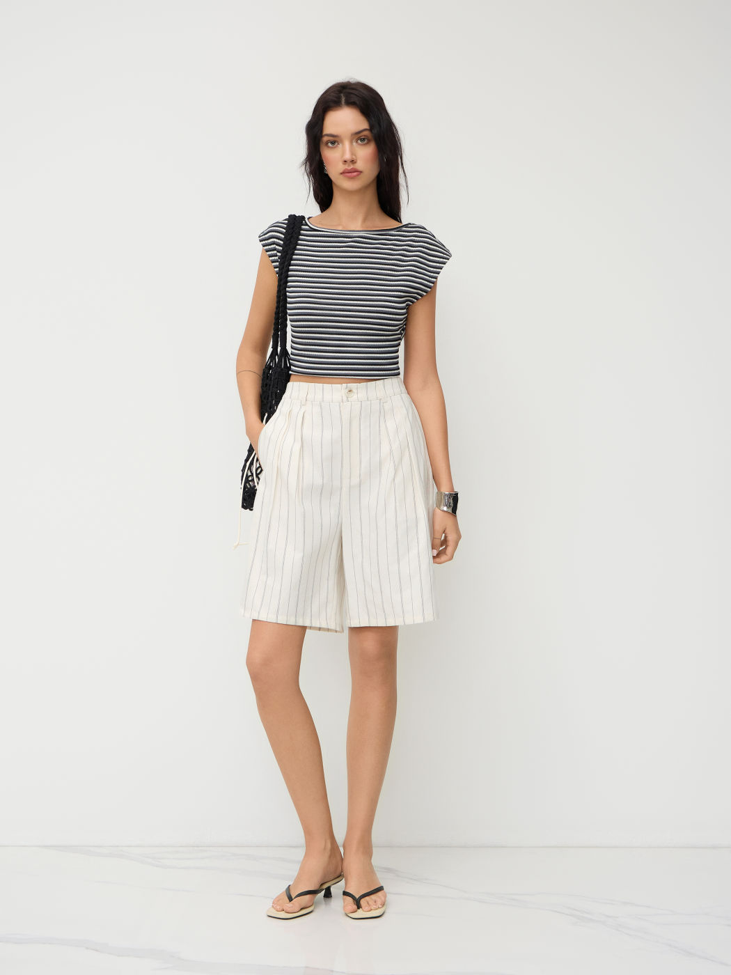 Cotton Mid Rise Stripe Pocket Shorts