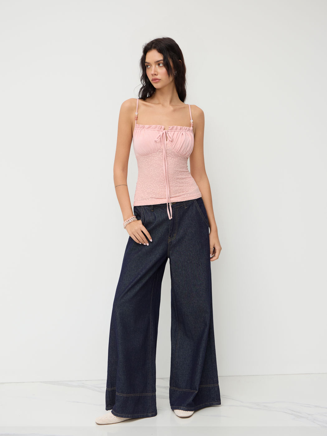 Square Neck Lace Knotted Beaded Cami Top