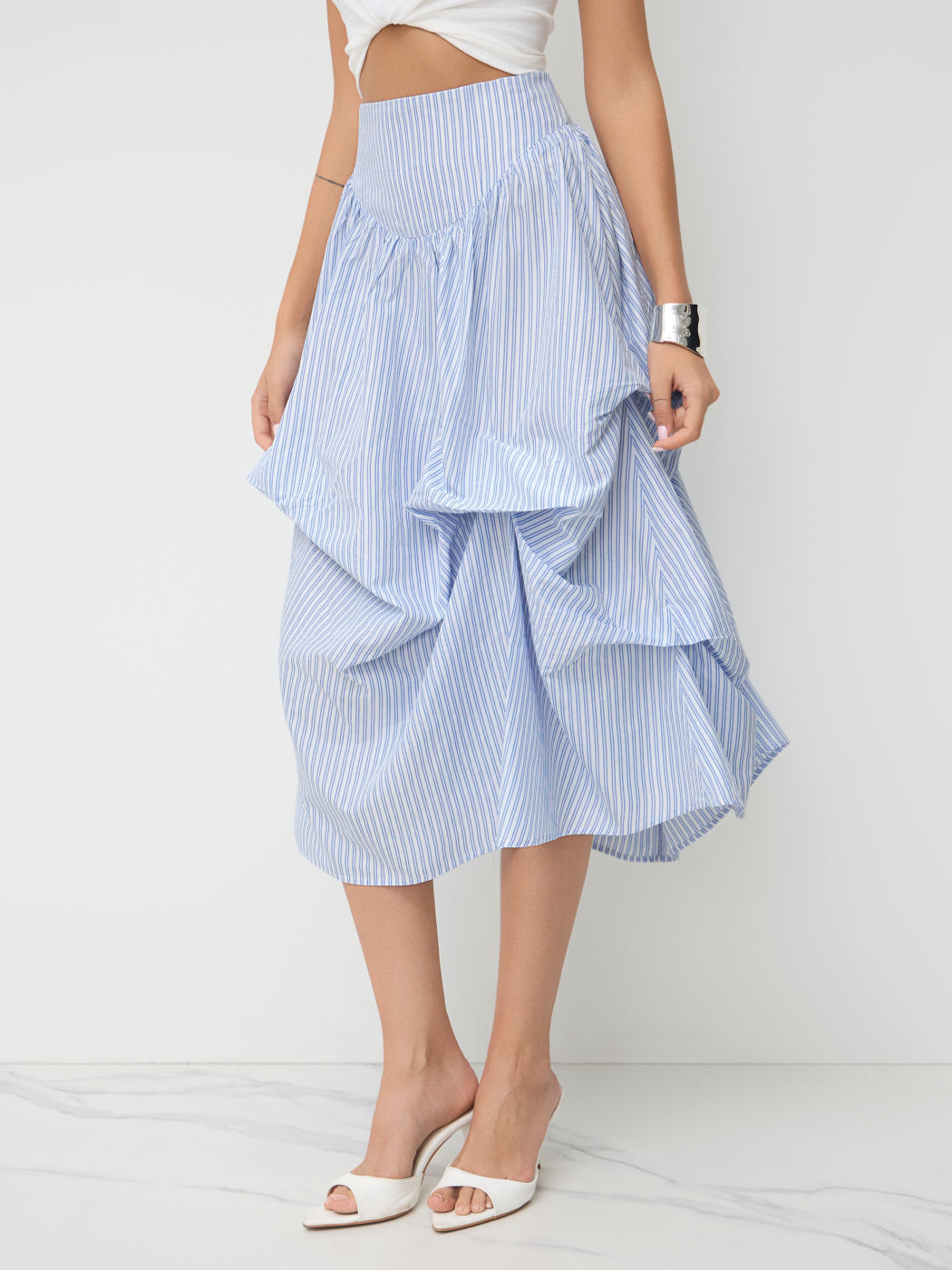 Mid Rise Stripe Ruched Maxi Skirt