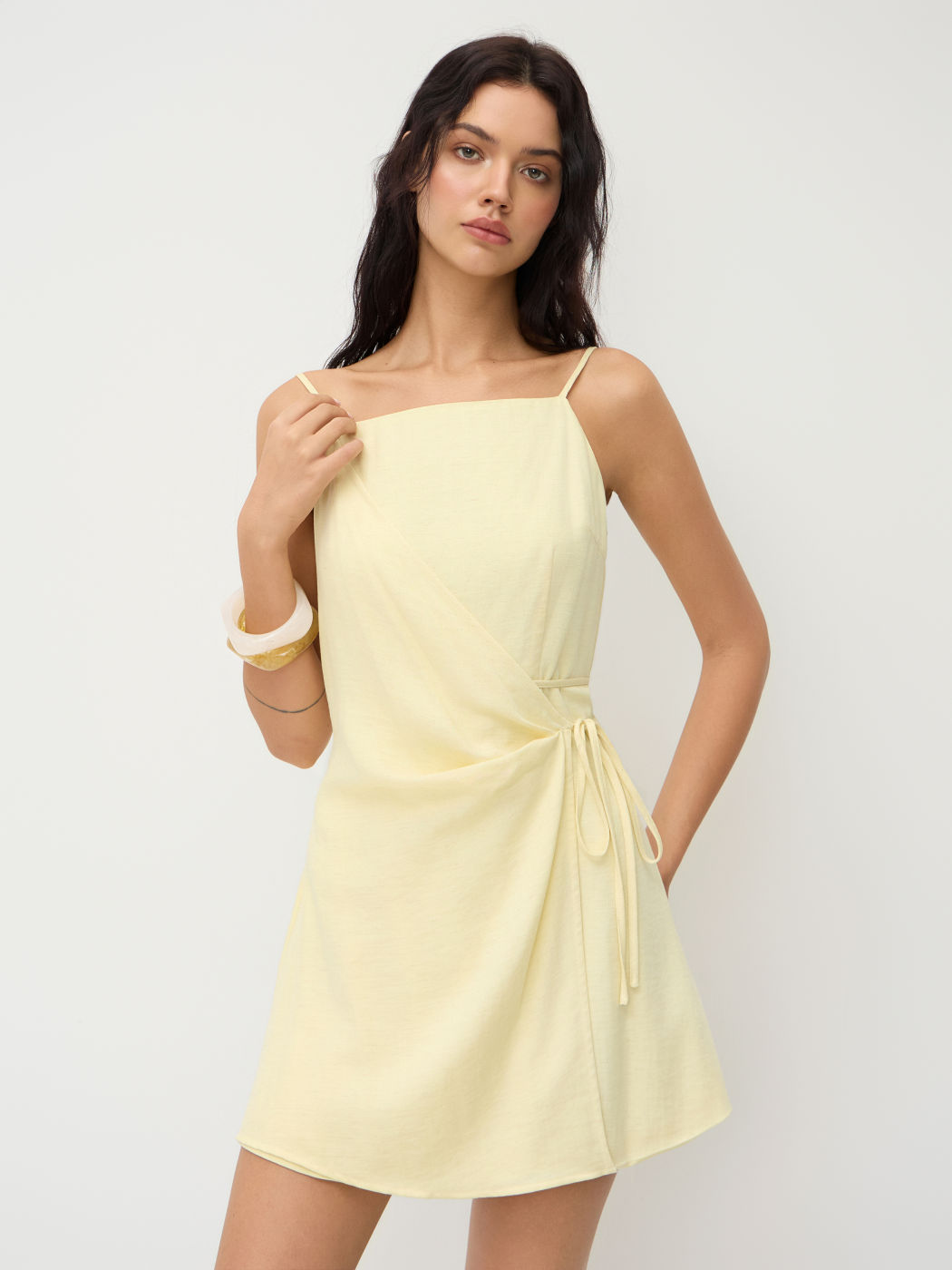 Linen-blend Square Neck Knotted Wrap Mini Dress