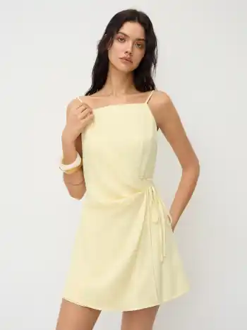 Leinen-Mischung Quadratischer Hals Knopfverschluss Mini-Kleid