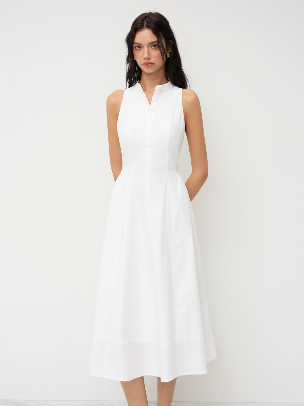 Cotton Stand Collar Backless Bowknot Ruffle Maxi Dress