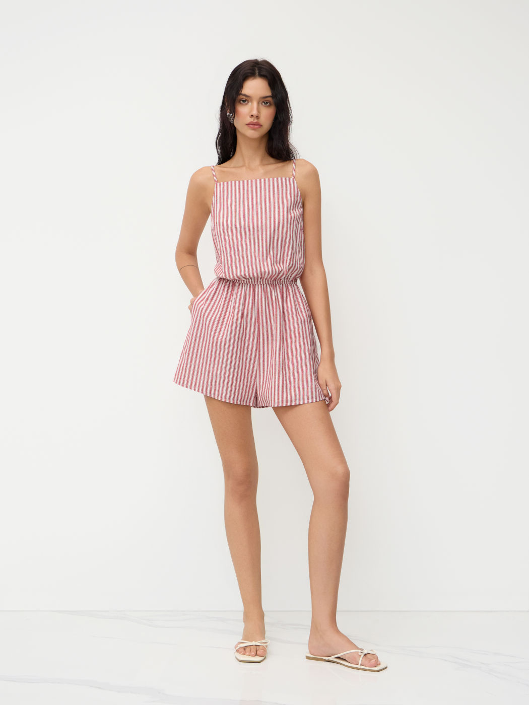 Cotton Square Neck Stripe Elastic Waist Romper