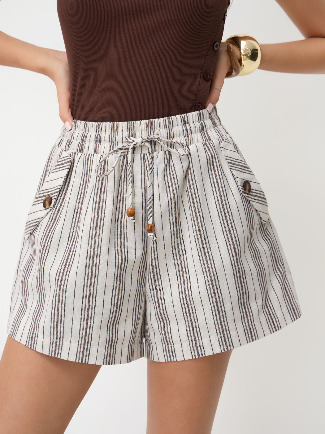 Linen-blend Mid Rise Stripe Beaded Elastic Waist Shorts