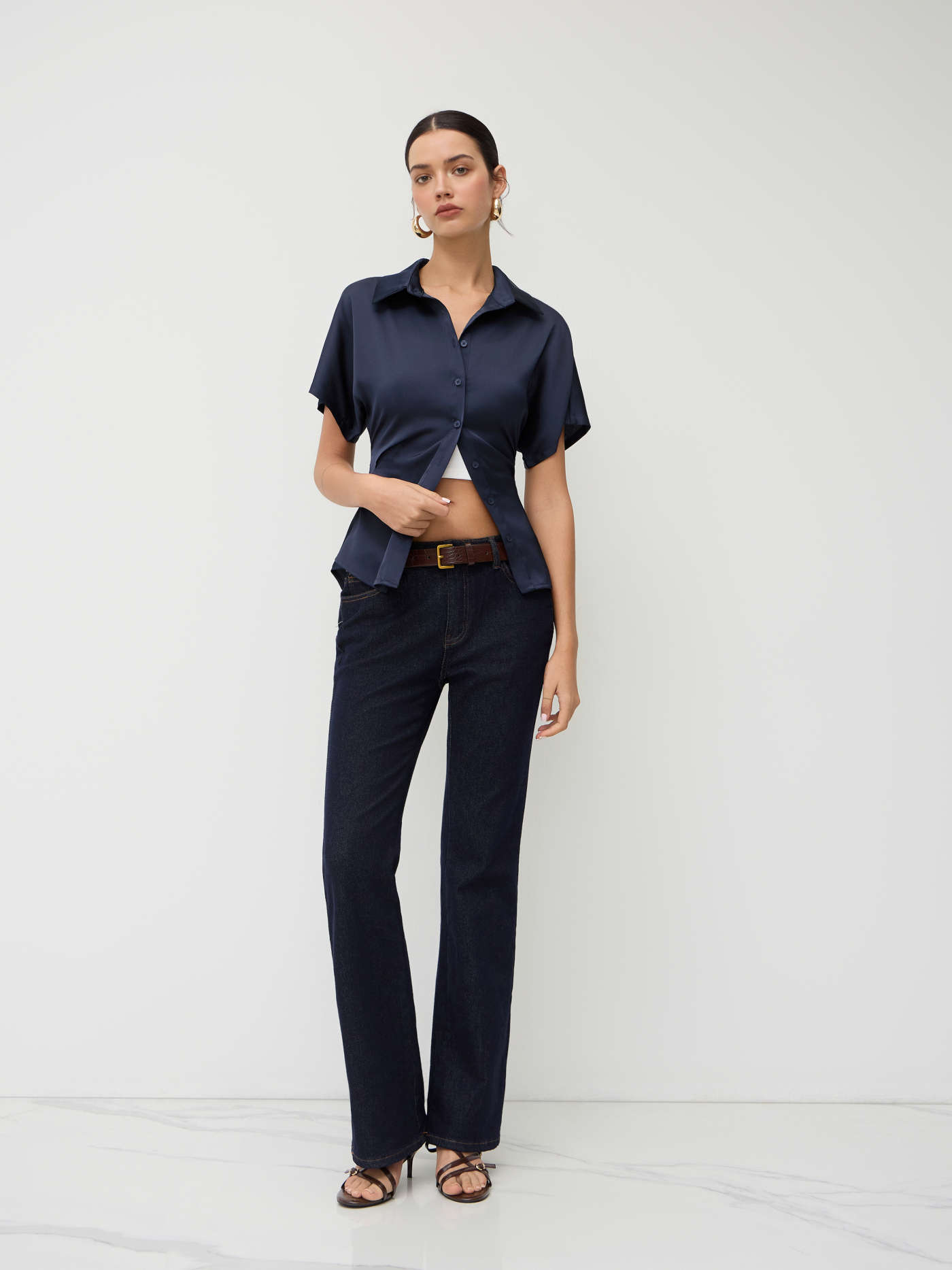 Satin Polo Button Up Cinched Waist Shirt