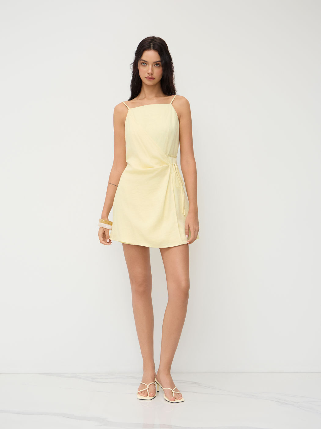 Linen-blend Square Neck Knotted Wrap Mini Dress