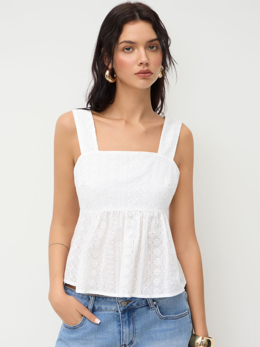 100% Cotton Embroidery Bowknot Ruffle Tank Top