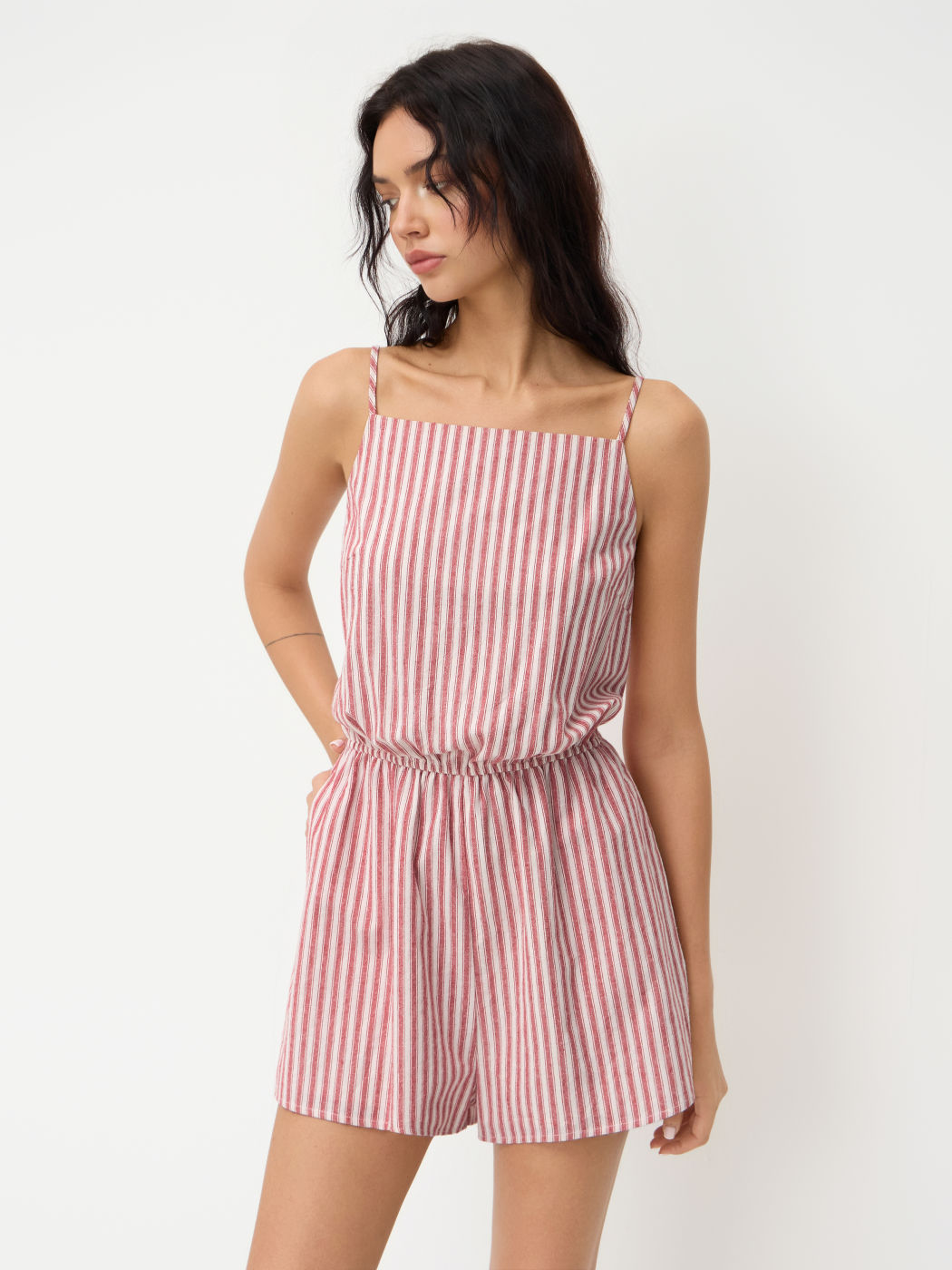 Cotton Square Neck Stripe Elastic Waist Romper