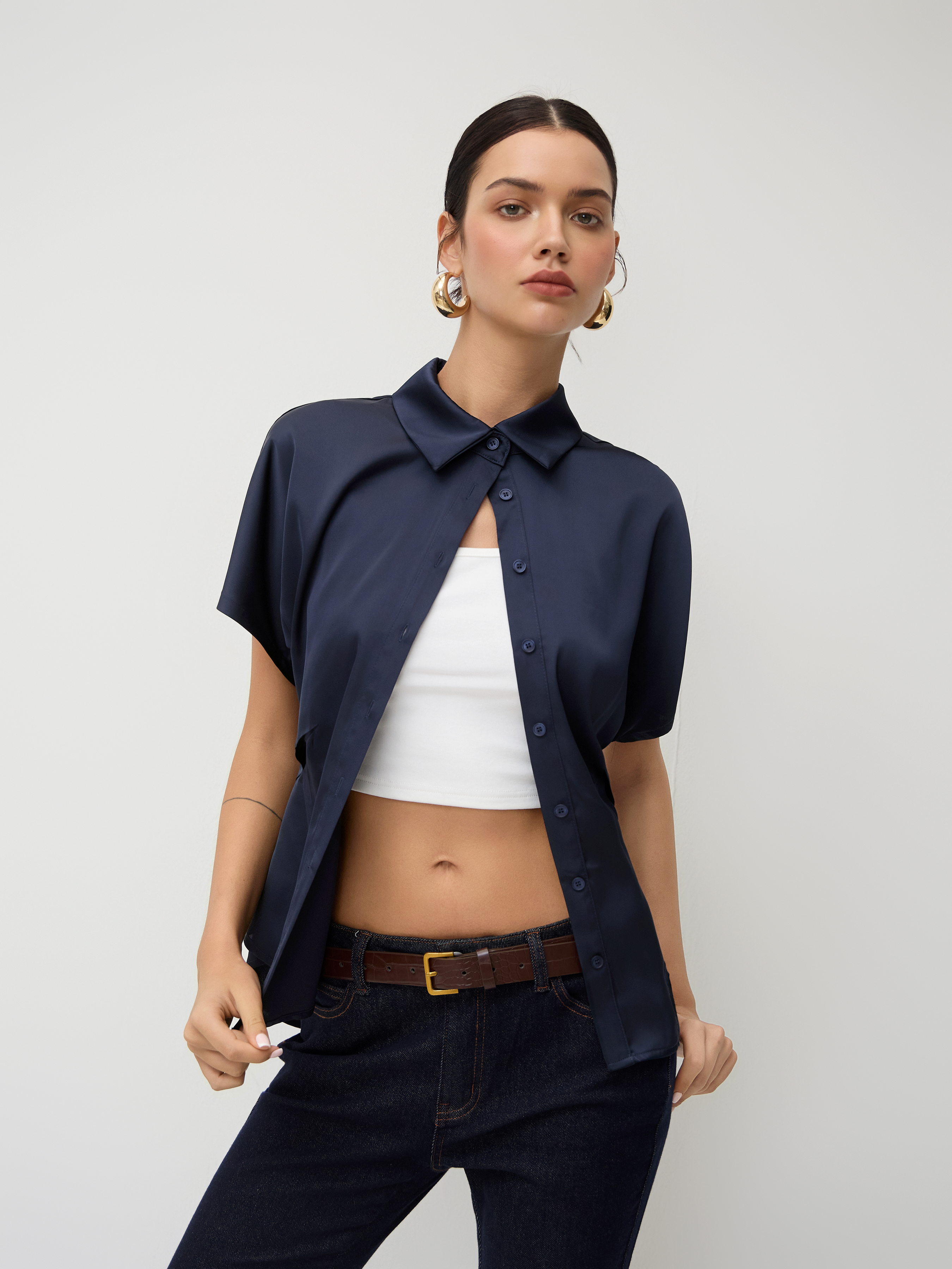 Satin Polo Button Up Cinched Waist Shirt