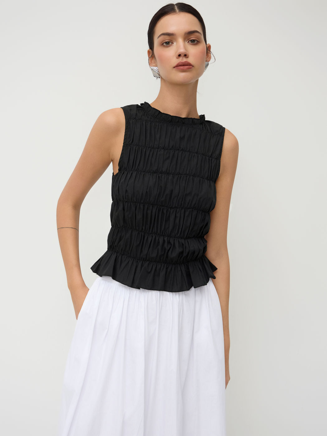 Canotta arricciata girocollo in misto cotone