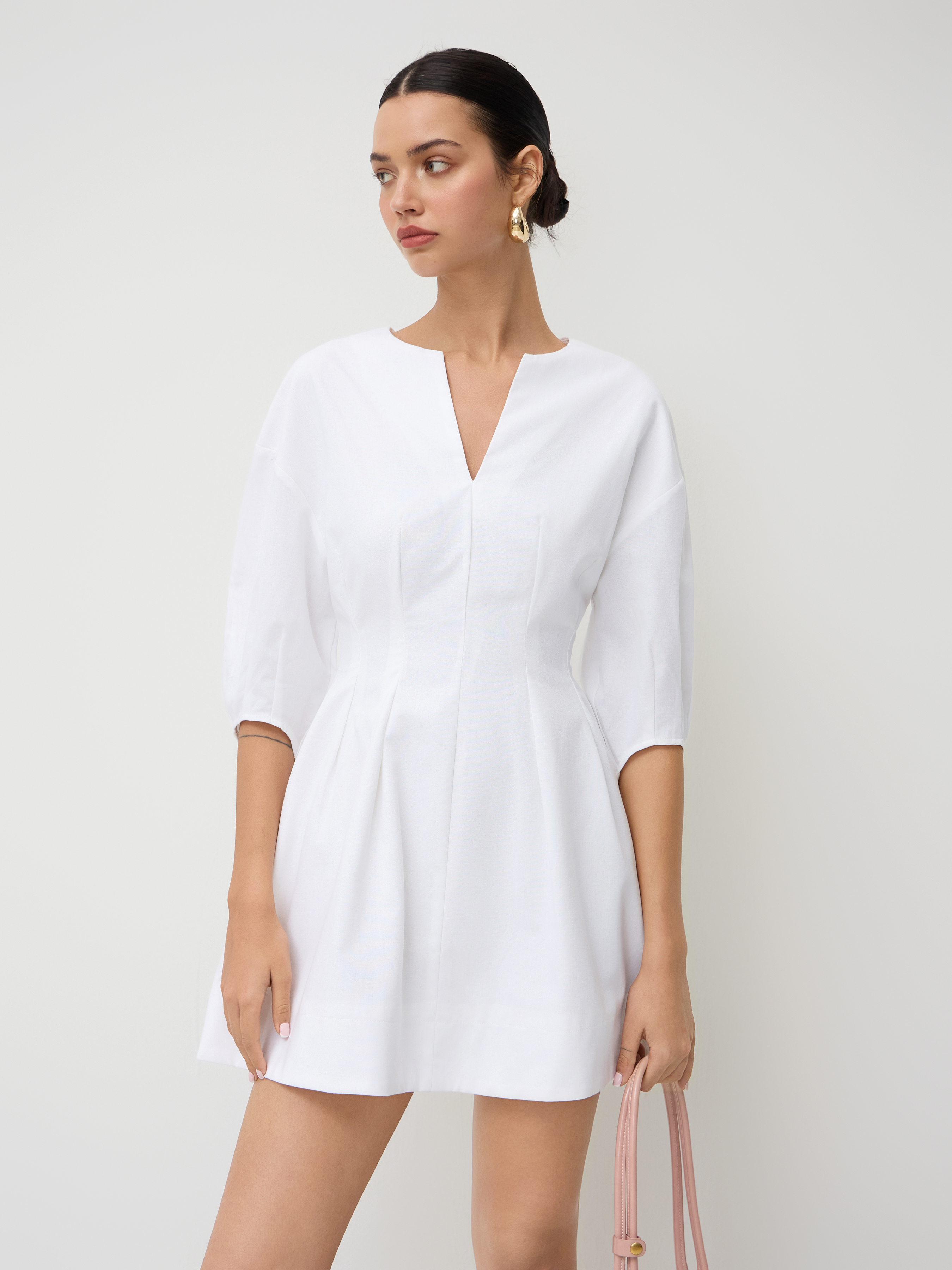Linen-blend V-neck Lantern Mid-length Sleeve Cinched Waist Mini Dress