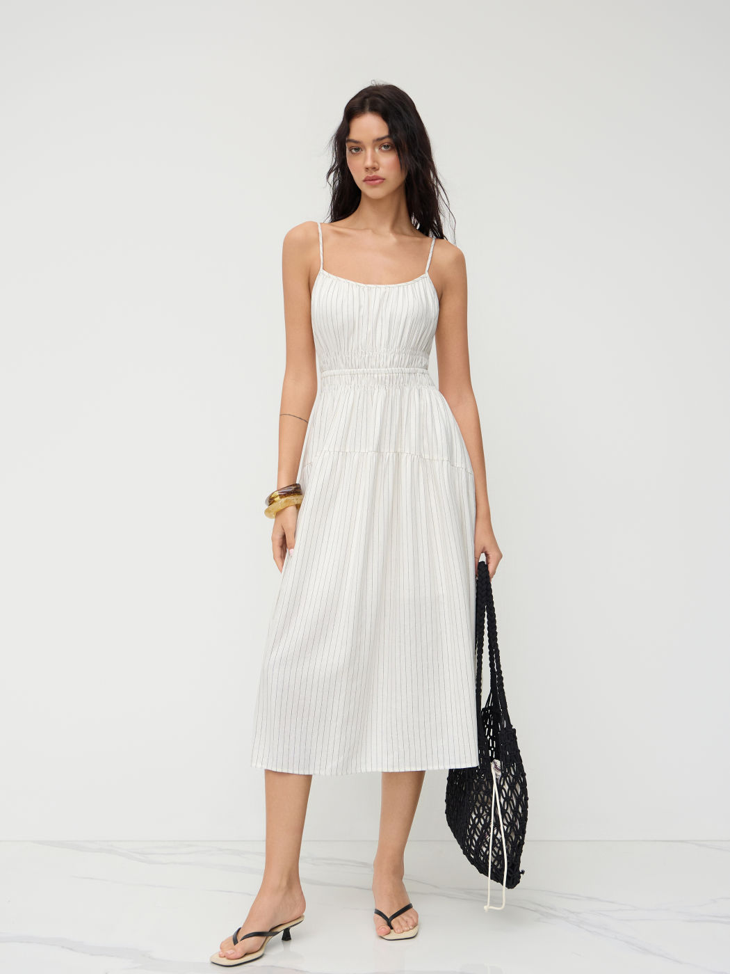 Linen-blend Square Neck Stripe Shirred Midi Dress