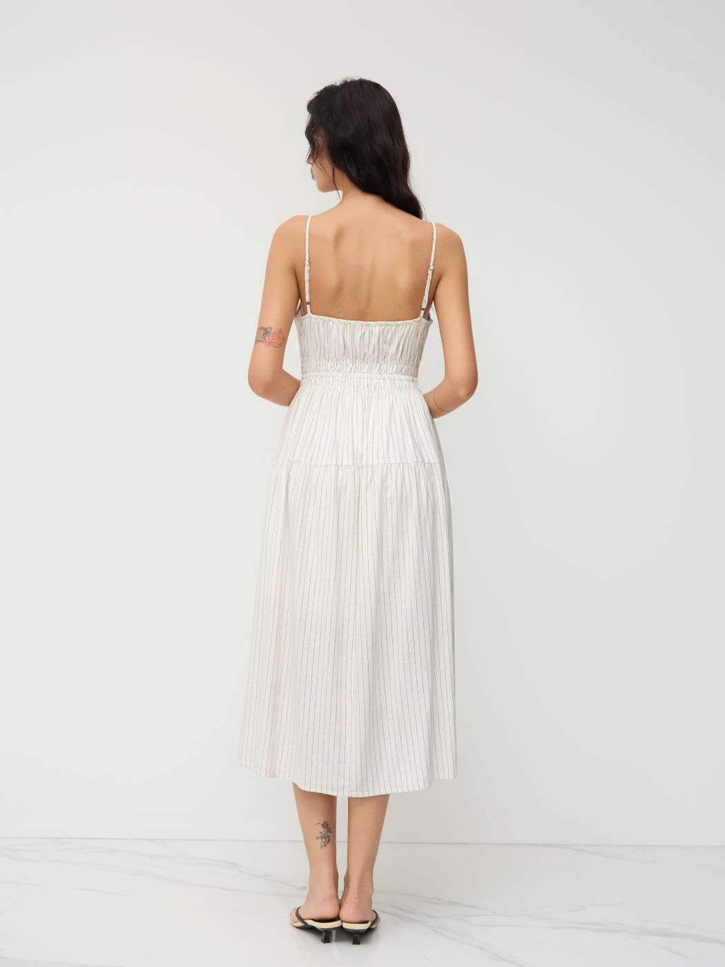 Linen-blend Square Neck Stripe Shirred Midi Dress
