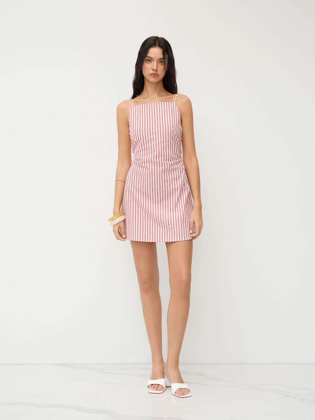Cotton Square Neck Stripe Tie Back Mini Dress