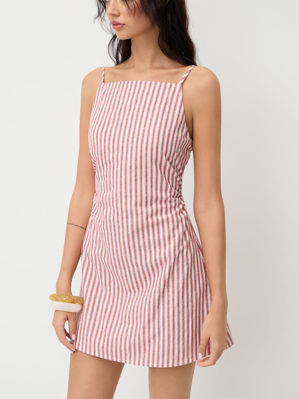 Cotton Square Neck Stripe Tie Back Mini Dress