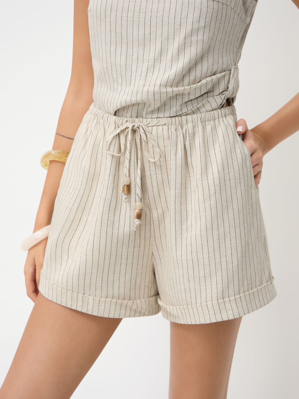 Linen-blend Mid Rise Stripe Drawstring Beaded Roll Hem Shorts