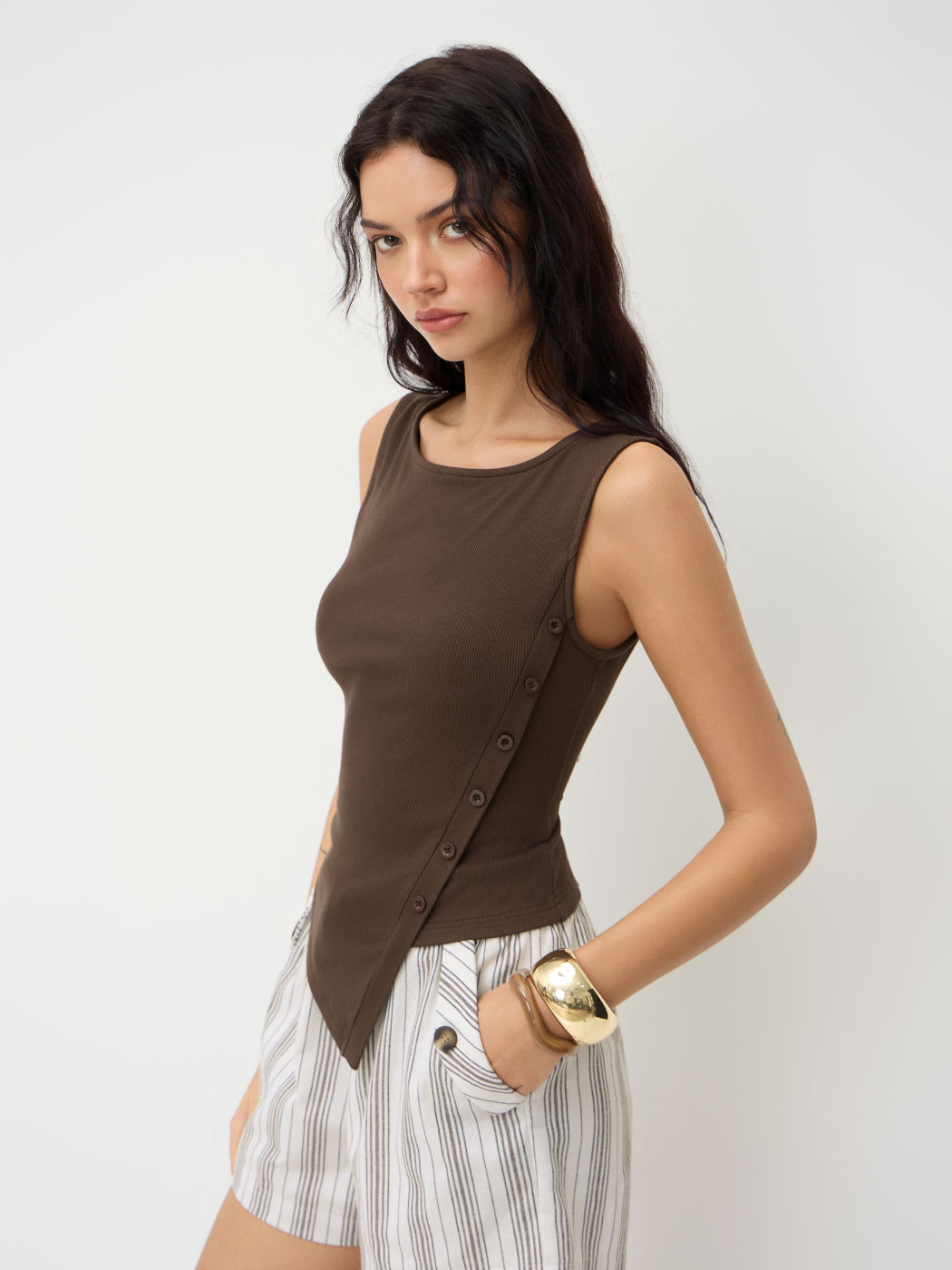 Boat Neck Asymmetrical Hem Button Tank Top