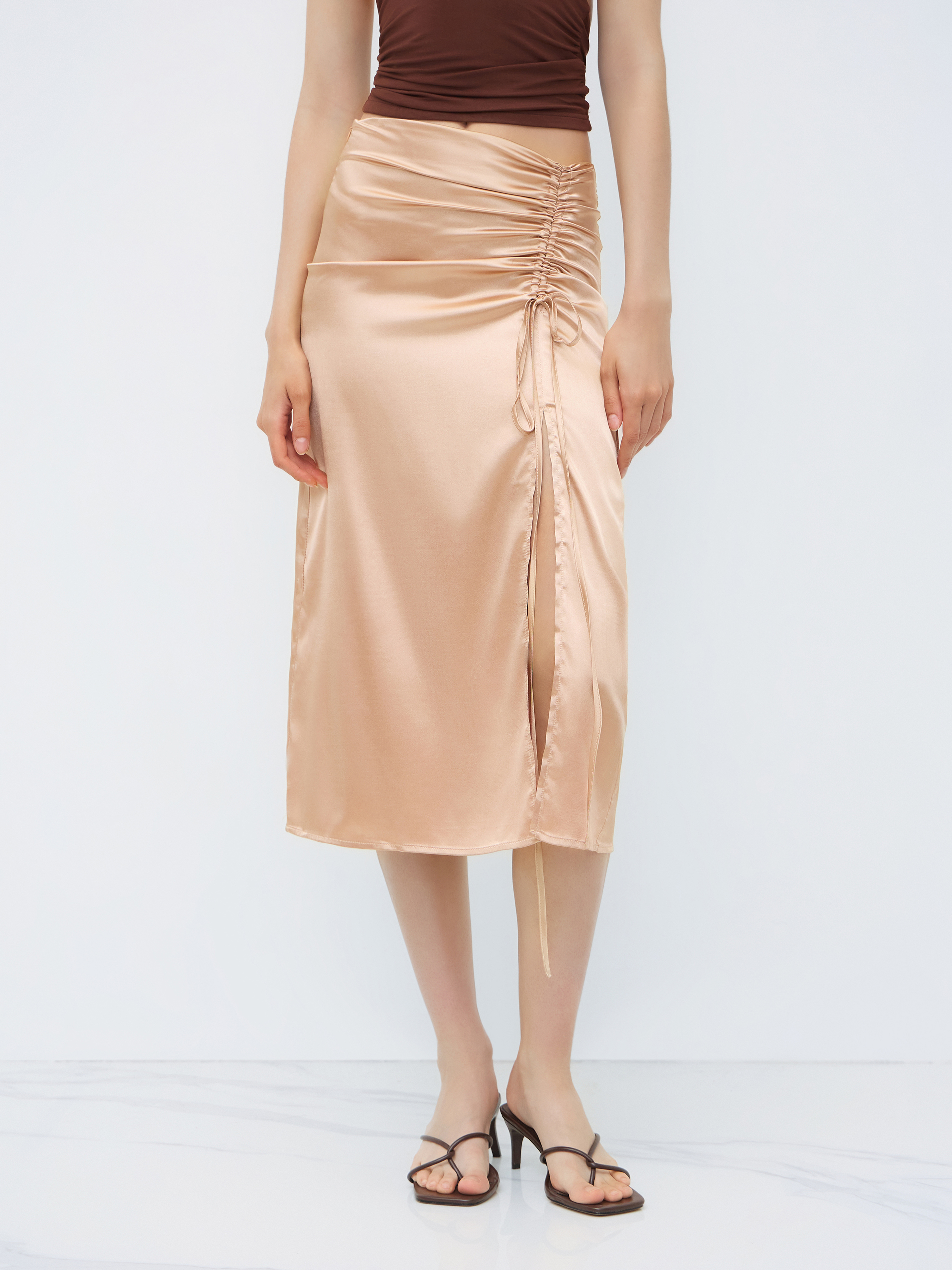Long Skirts Woven Satin Drawstring Split Midi Skirt For