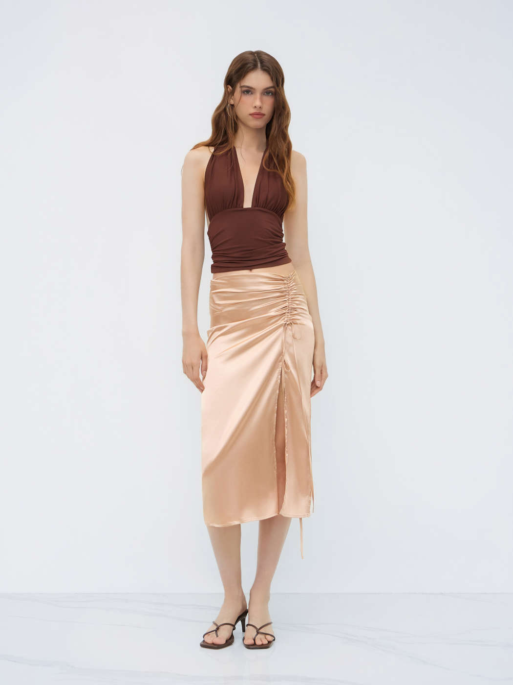 Long Skirts Woven Satin Drawstring Split Midi Skirt For Daily