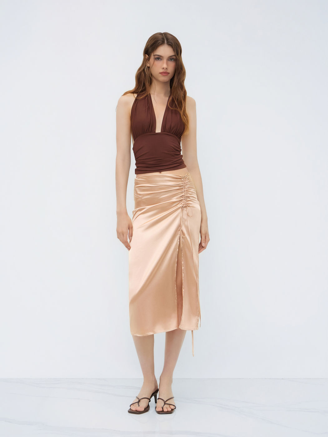 Satin-Midi-Split-Skirt mit Reißverschluss