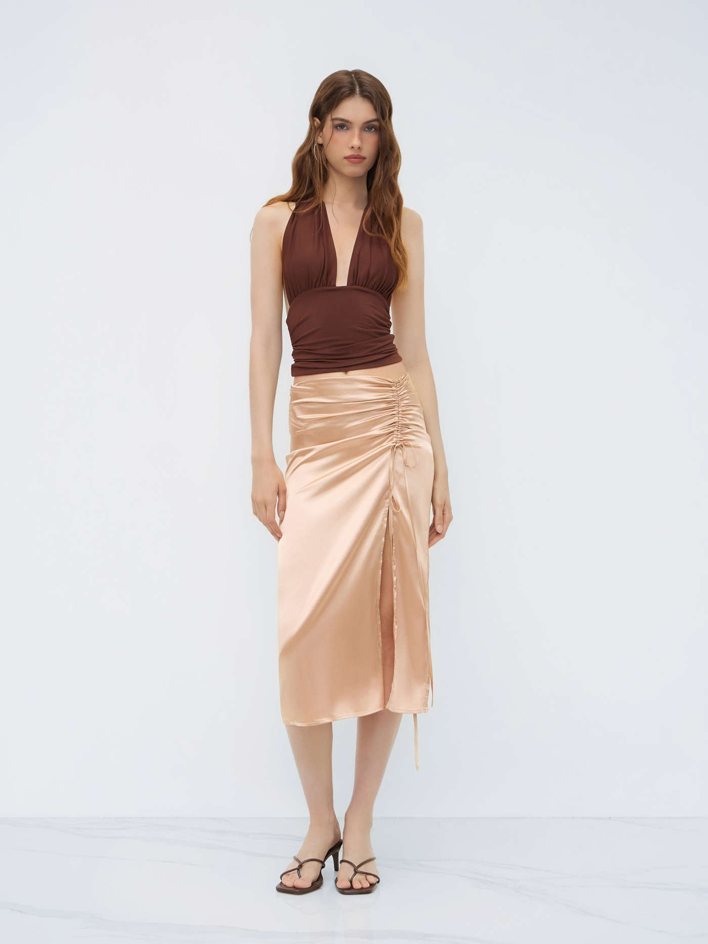 Satin Drawstring Split Midi Skirt