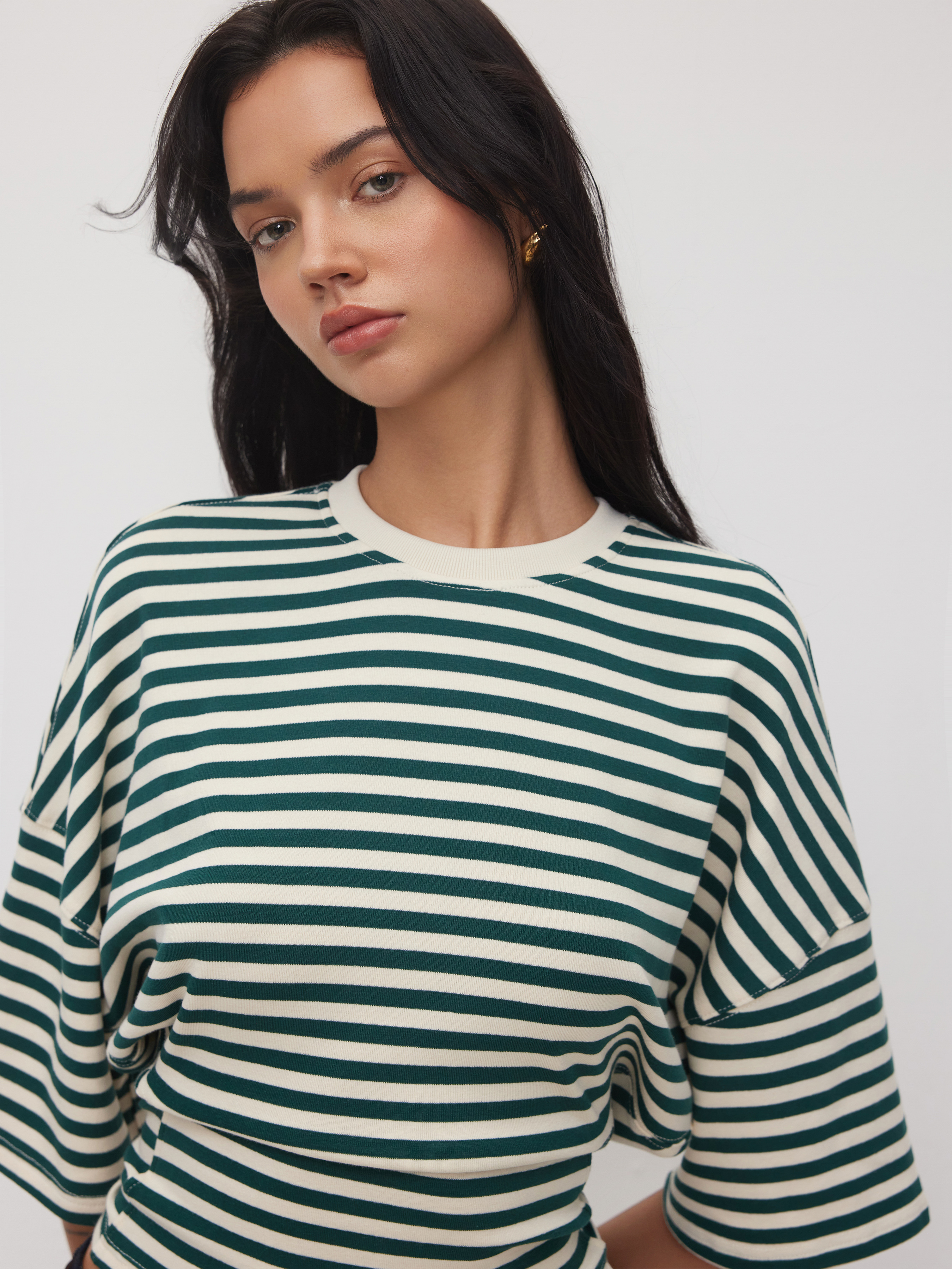 Cotton-blend Stripe Round Neckline Mid-length Sleeve Cinched Waist Tee