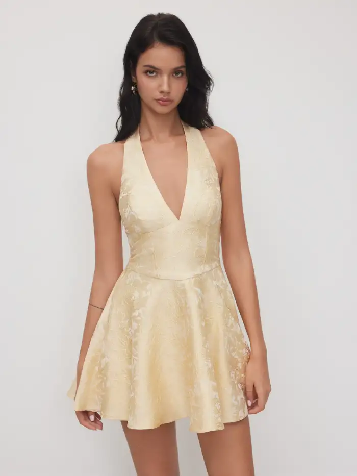 Jacquard U-neckline Floral Backless Bowknot Mini Dress