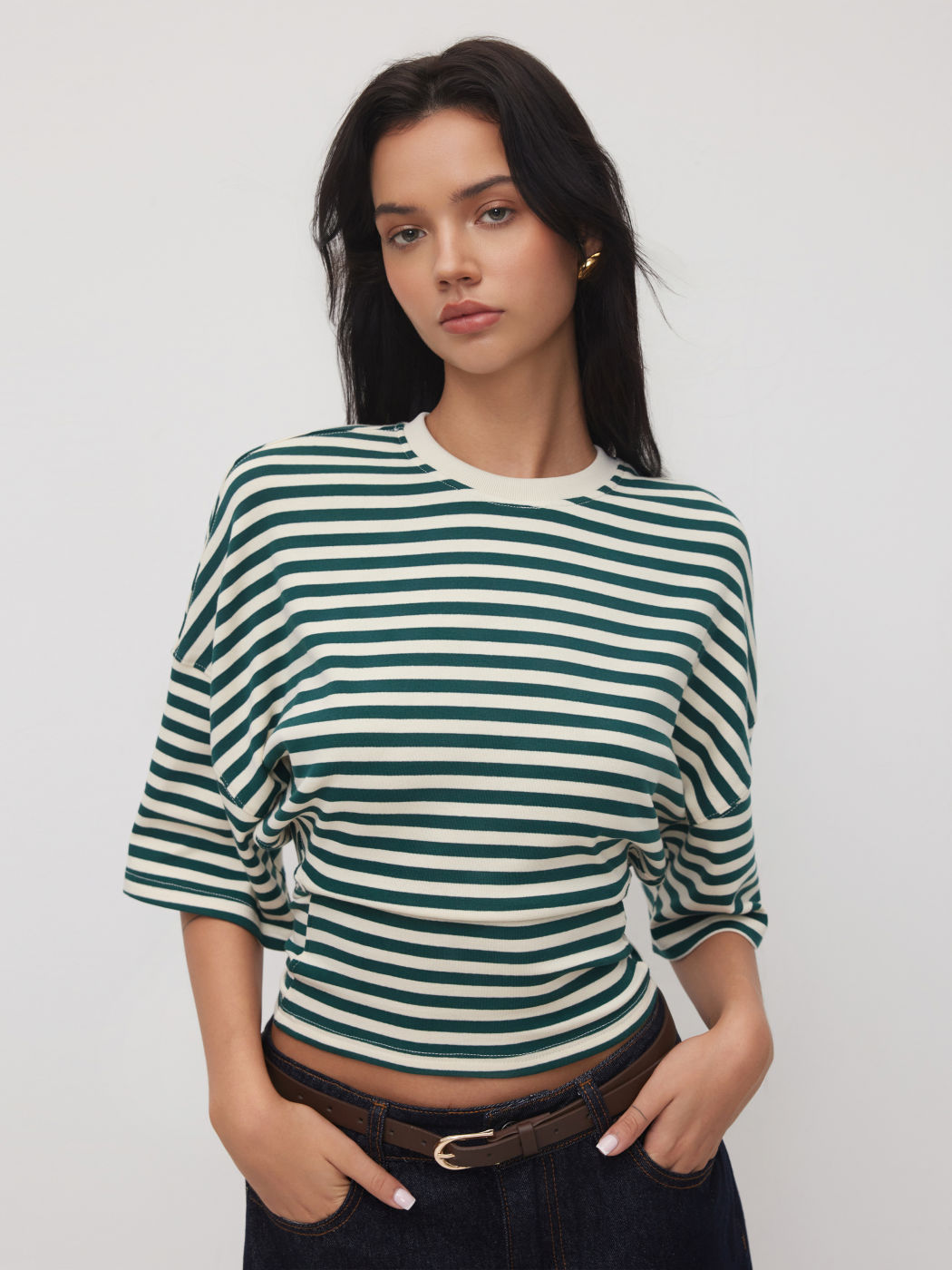 Cotton-blend Stripe Round Neckline Mid-length Sleeve Cinched Waist Tee
