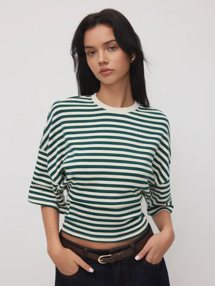 Jersey Jersey Asymmetrical Neck Stripe Ruched Tee For Daily Casual