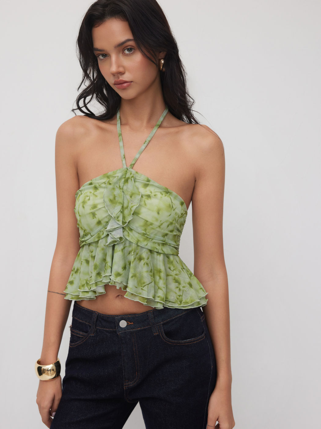 Mesh Floral Halter Neckline Ruched Ruffle Hem Crop Top