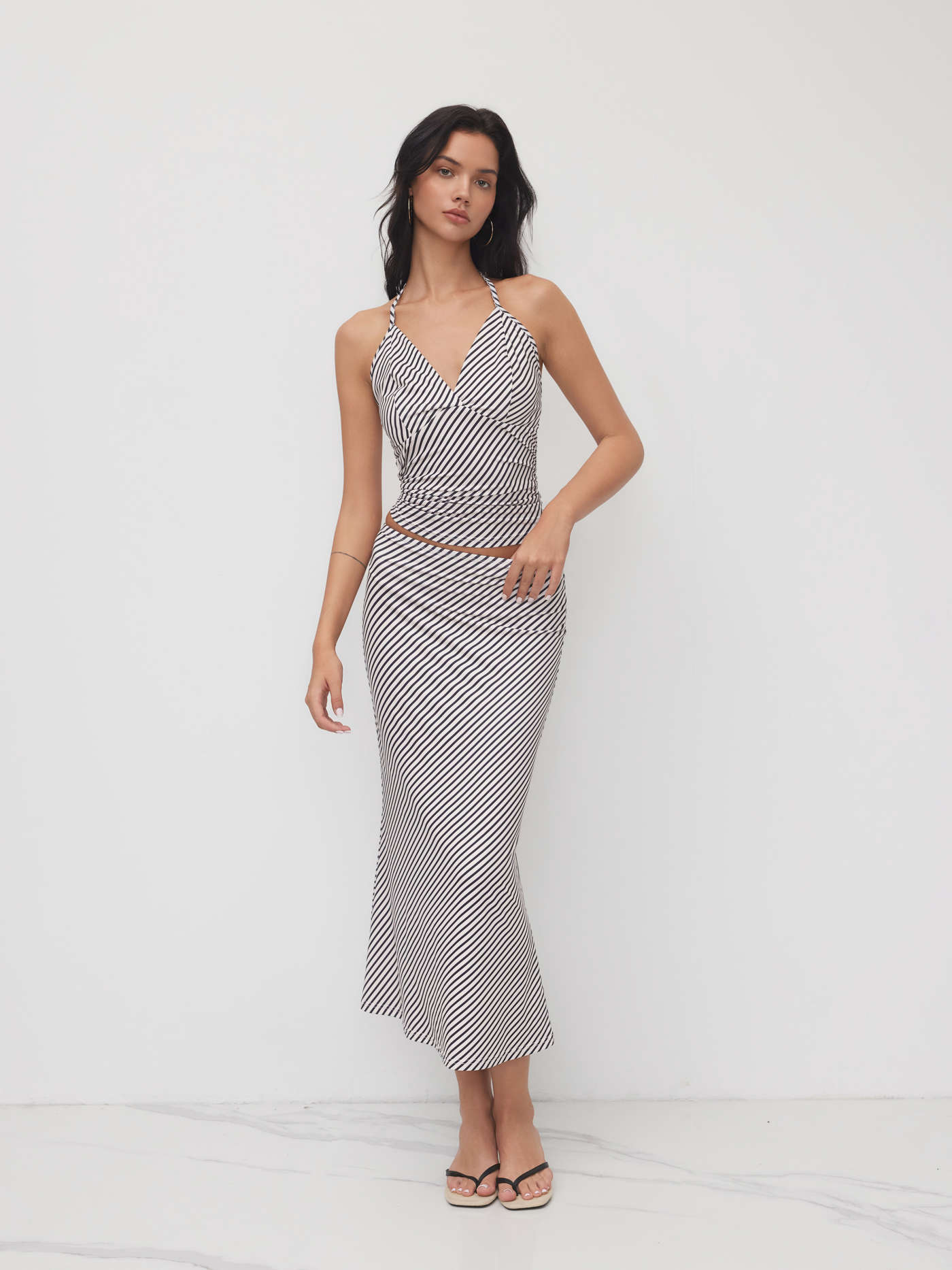 Halter Neckline Stripe Knotted Cami Top & Mid Rise Mermaid Skirt Set