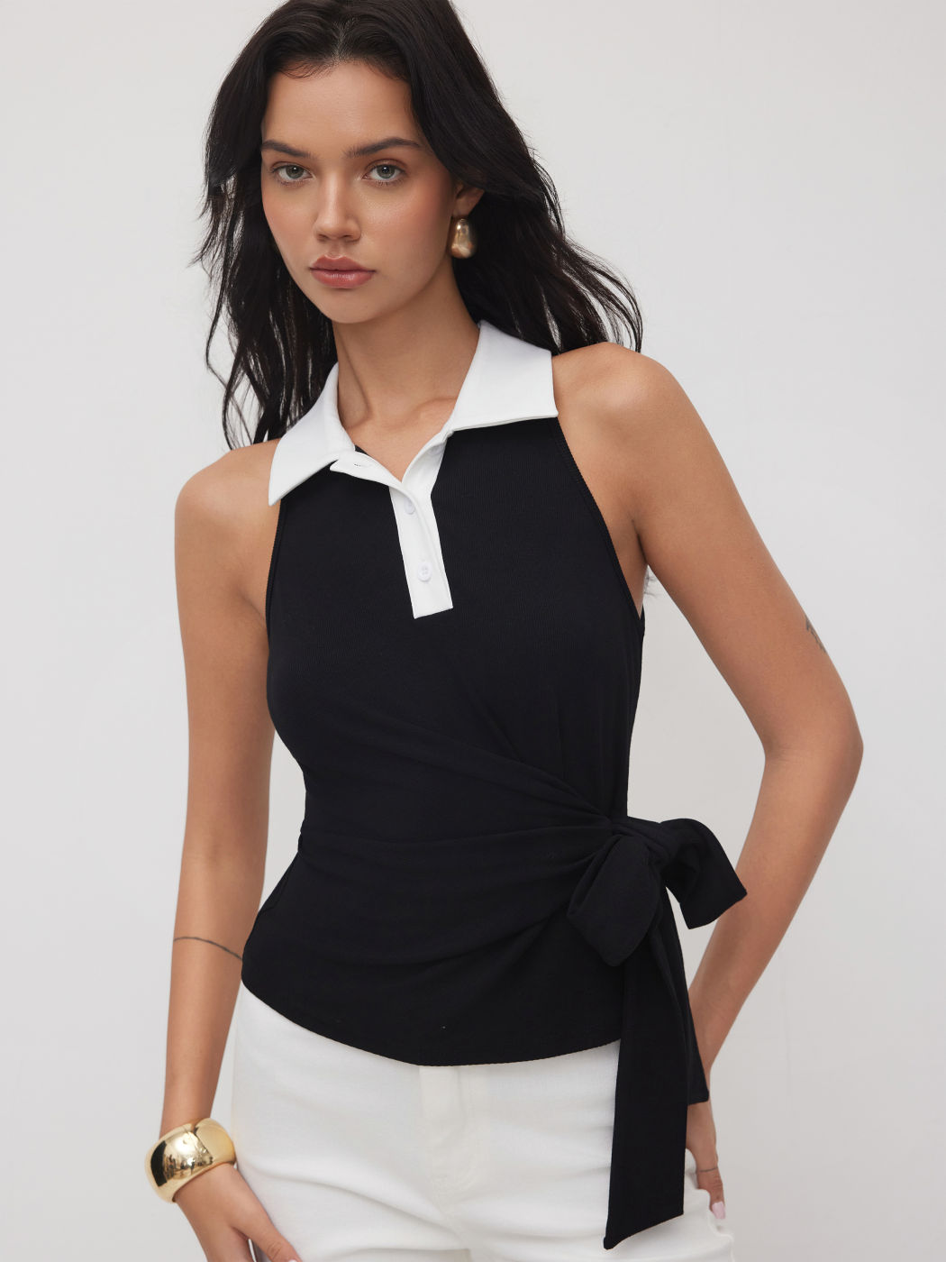 Cotton-blend Polo Neck Two Tone Knotted Tank Top