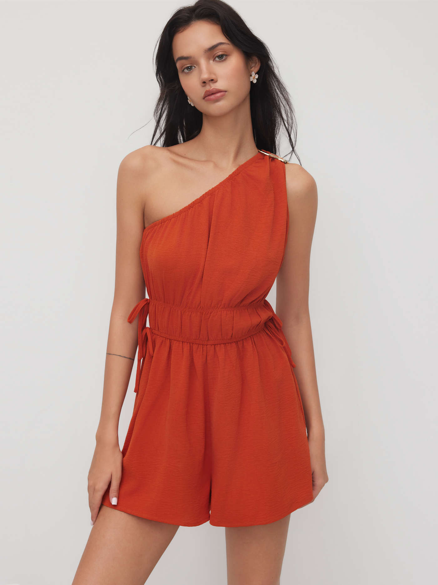 Asymmetrical Neckline Metal Detail Drawstring Knotted Romper
