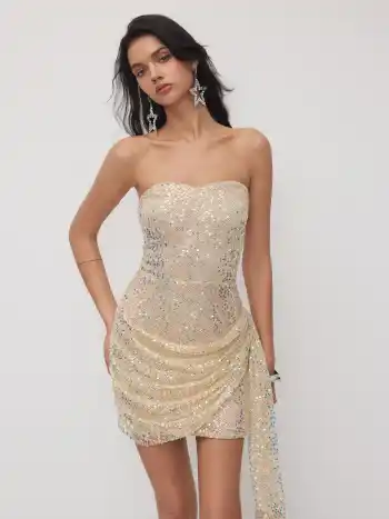Sequinned Fishnet Draped Bandeau Mini Kleid