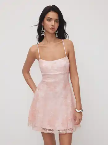 Sequinedeckiges Blumen-Mini-Kleid mit quadratischem Hals und Kreuzverschluss hinten