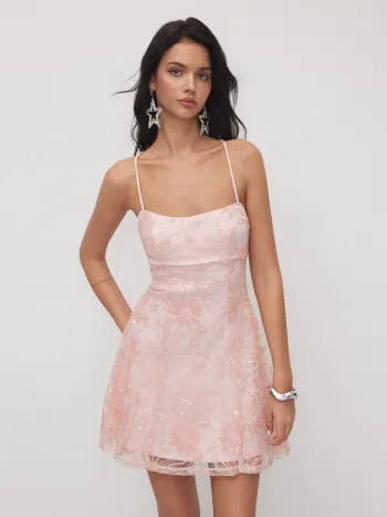 Sequinedeckiges Blumen-Mini-Kleid mit quadratischem Hals und Kreuzverschluss hinten