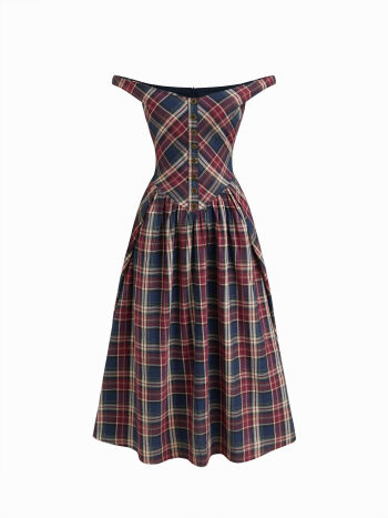 Cotton Plaid Off-shoulder Button Front Ruffle Midi Dress