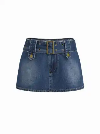Mini gonna-pantalone a vita bassa in denim con cintura