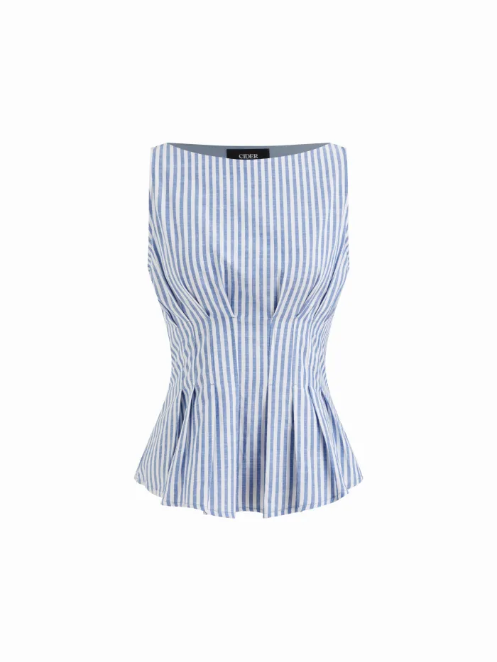 Cotton-blend Boat Neck Stripe Pleated Tank Top