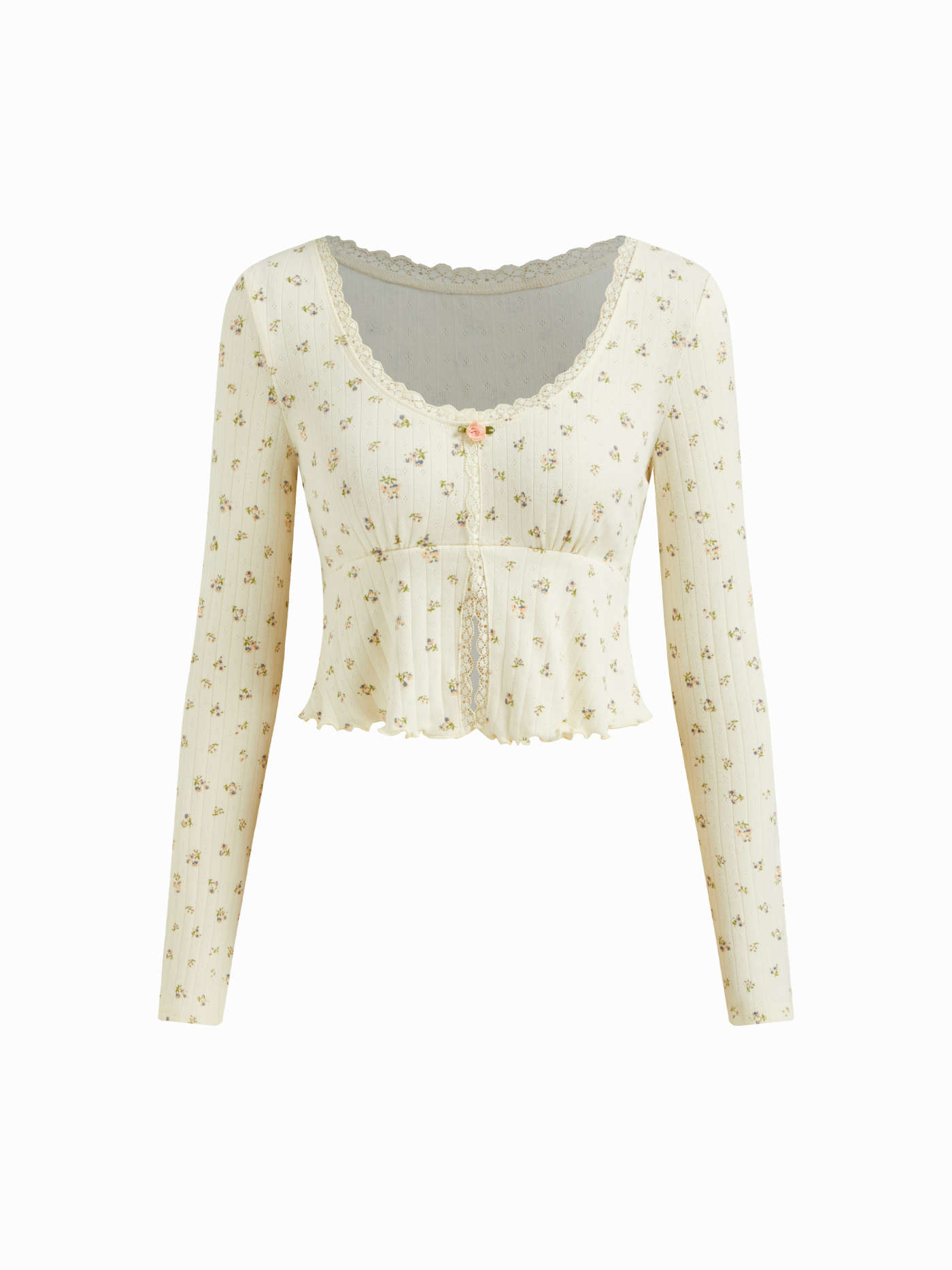100% Cotton Scoop Neckline Floral Lace Lettuce Trim Crop Top & Low Rise Leggings Loungewear Set