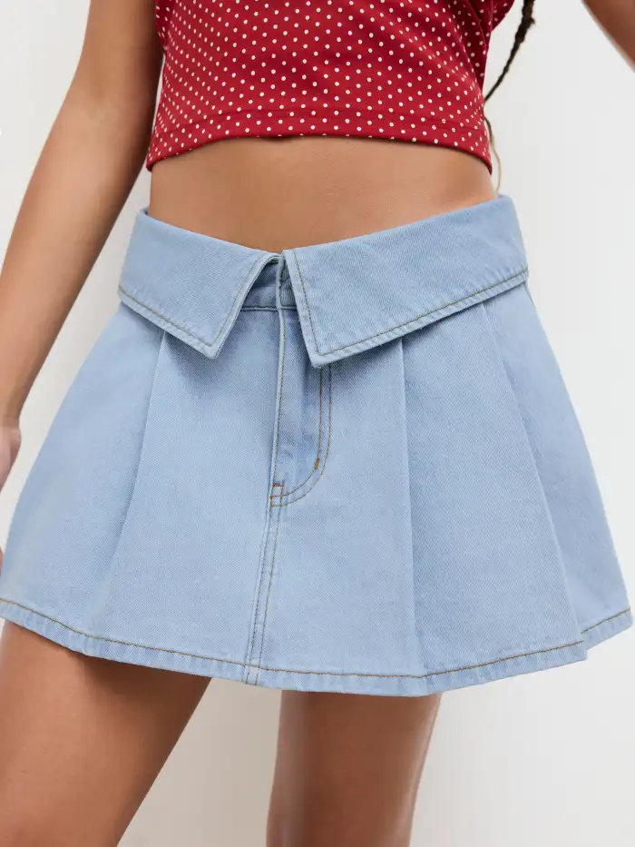 Denim Denim Low Rise Pleated Fold Over Micro Mini Skirt For Daily