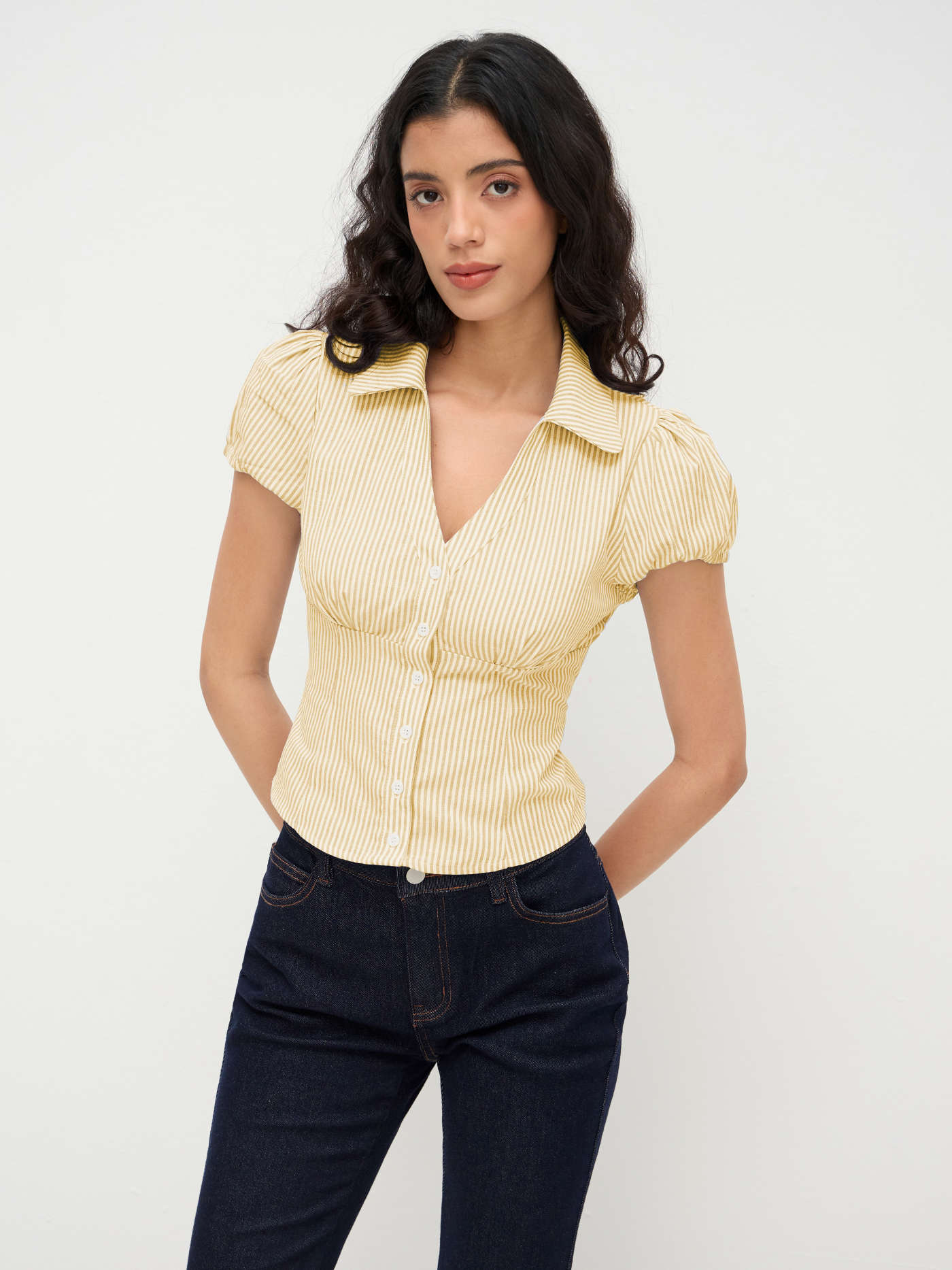 Woven Cotton-blend V-neck Stripe Tie Back Shirt For School Daily Casual Vacation Beach