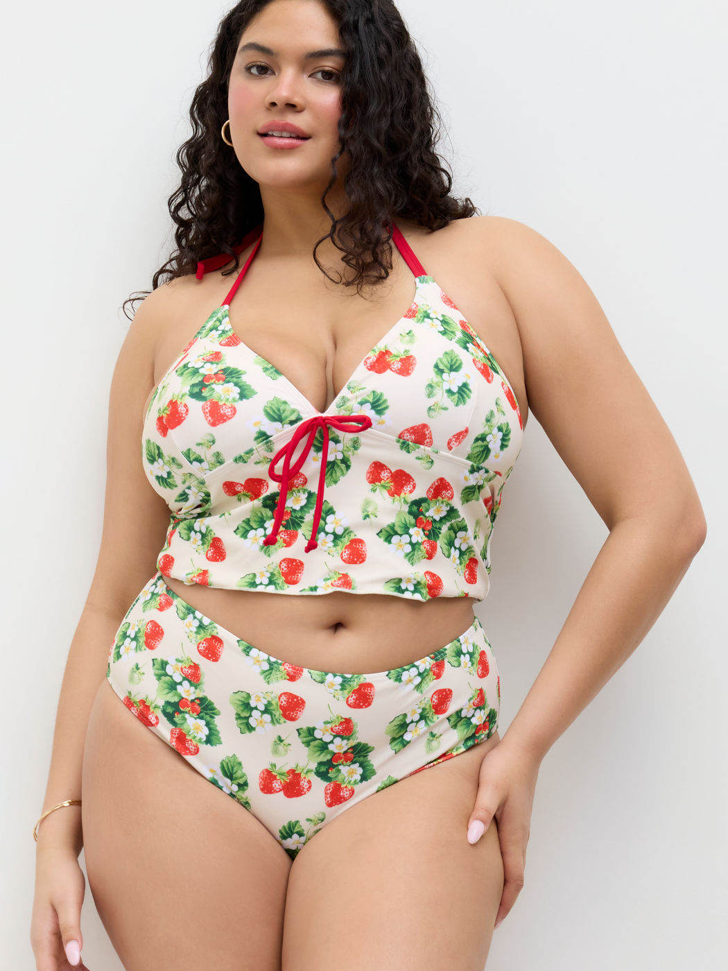 V-neck Strawberry Knotted Halter Full Coverage Bikini Set Curve & Plus
