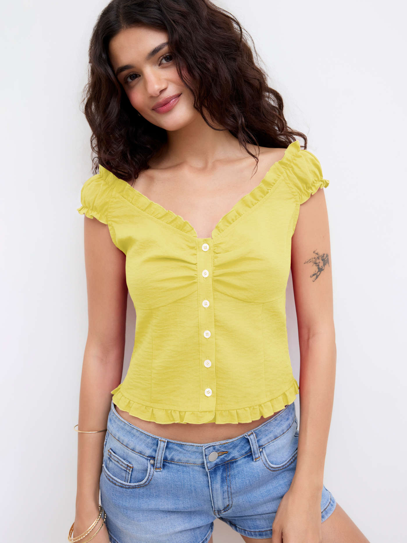 Woven Sweetheart Lettuce Trim Shirred Blouse For School