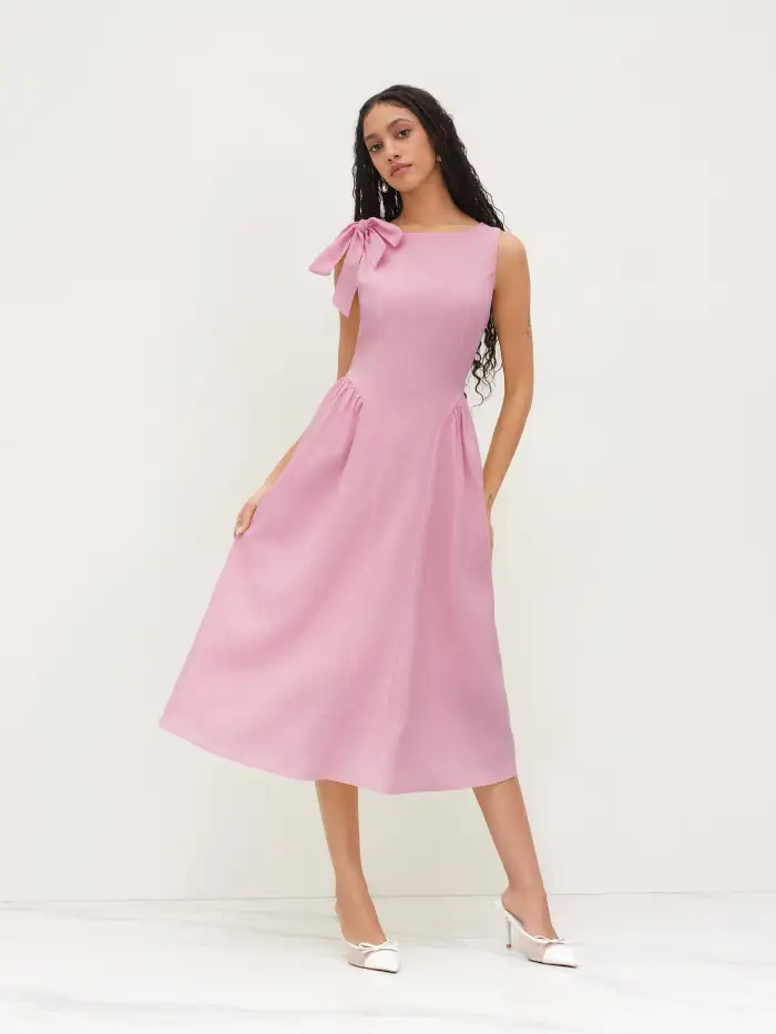 Woven Linen-blend Square Neck Ruffle Midi Dress For Vacation