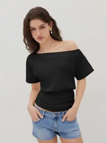 Baumwollmischung Asymmetrischer Hals Rüschiges T-Shirt