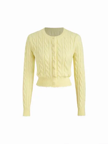 Kabelgestrickter Rundhals-Knopf-Cardigan mit angeschnürter Taille